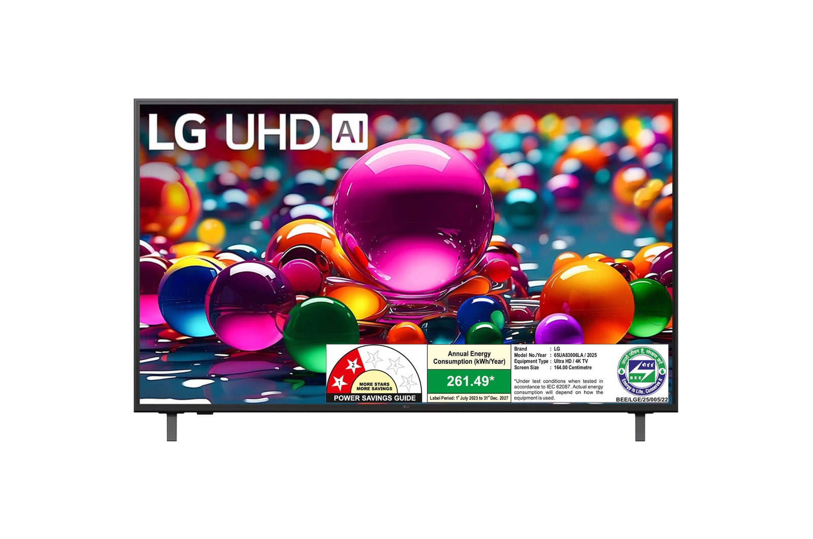 Front view of LG 164 cm (65) 4K UHD AI TV (UA8300), α7 AI Processor Gen8, FILMMAKER MODE™, with Dolby Atmos 2025 65UA83006LA