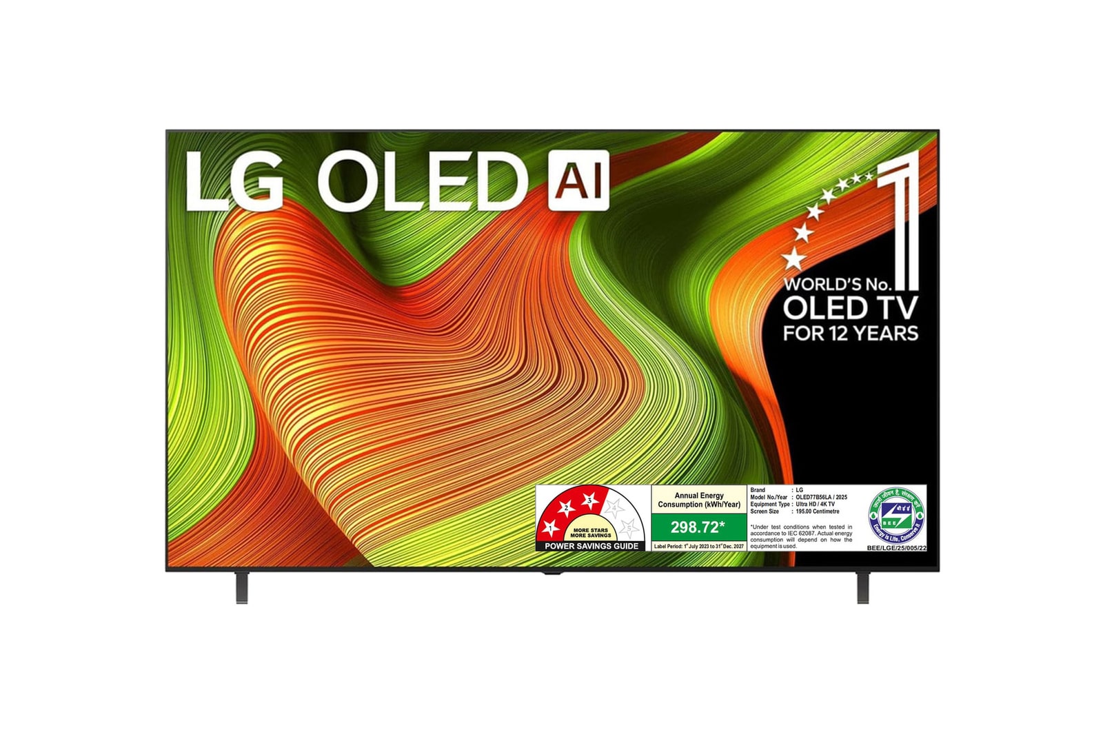 Front view of LG OLED 195cm (77) TV (B5), a8 Gen2 AI 4K Processor, 120Hz Native Refresh Rate, Dolby Vision & Atmos OLED77B56LA