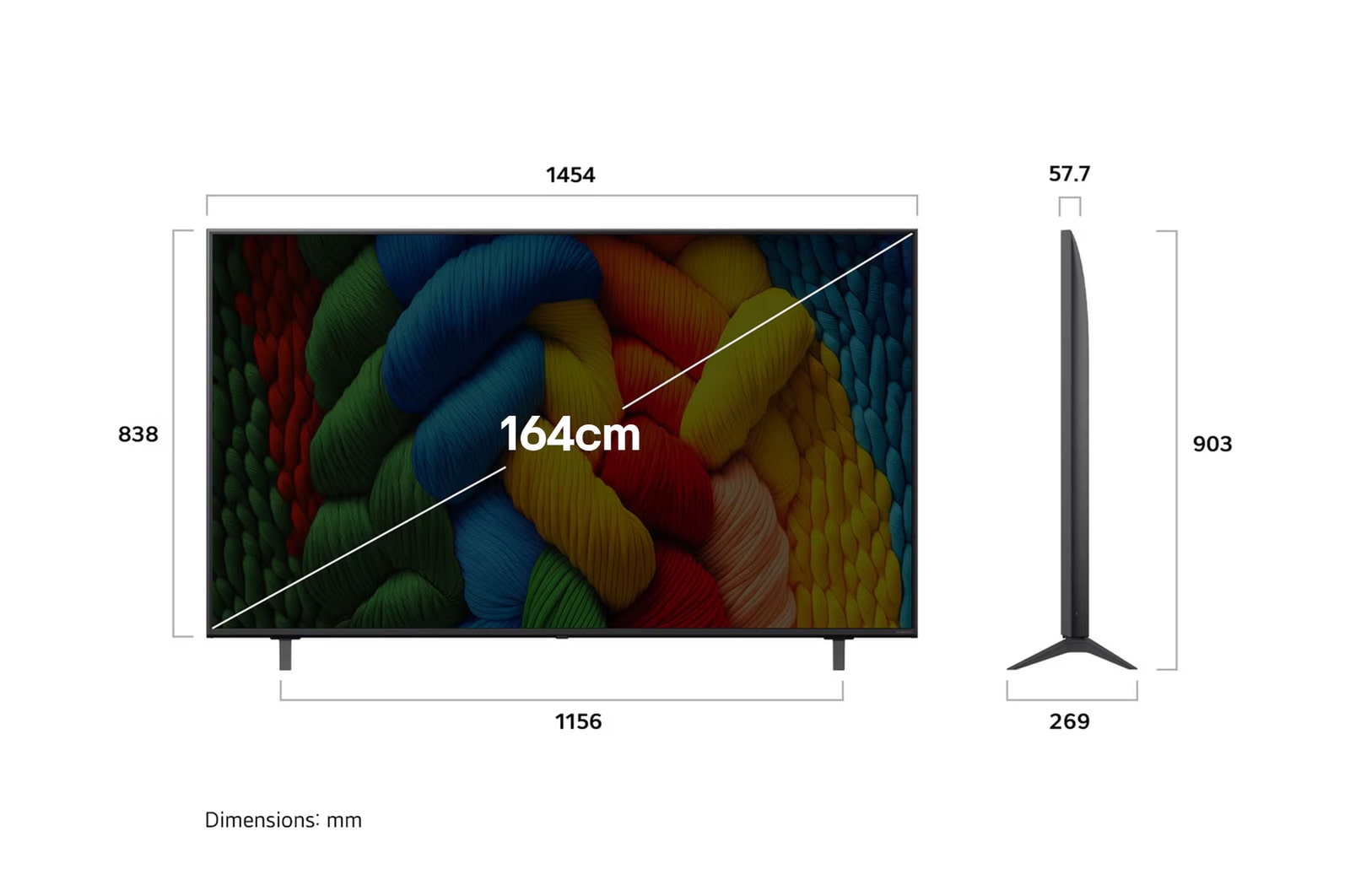 Front view and side view of LG NanoCell NANO80 AI 4K Smart TV showing its length, width, height, and depth dimensions.