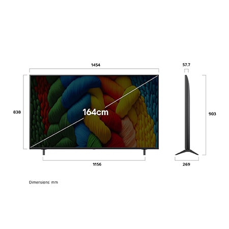 Front view and side view of LG NanoCell NANO80 AI 4K Smart TV showing its length, width, height, and depth dimensions.