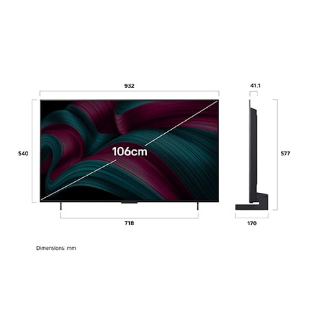 Front view and side view of LG OLED evo AI C5 4K Smart TV showing its length, width, height, and depth dimensions.