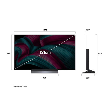 Front view and side view of LG OLED evo AI C5 4K Smart TV showing its length, width, height, and depth dimensions.