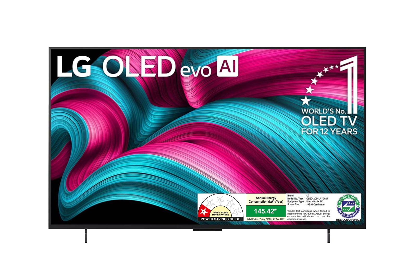 Front view of LG OLED evo AI 106cm (42) TV (C5), a9 Gen8 AI Processor 4K, VRR 144Hz Refresh Rate, Dolby Vision & Atmos 2025 OLED42C54LA