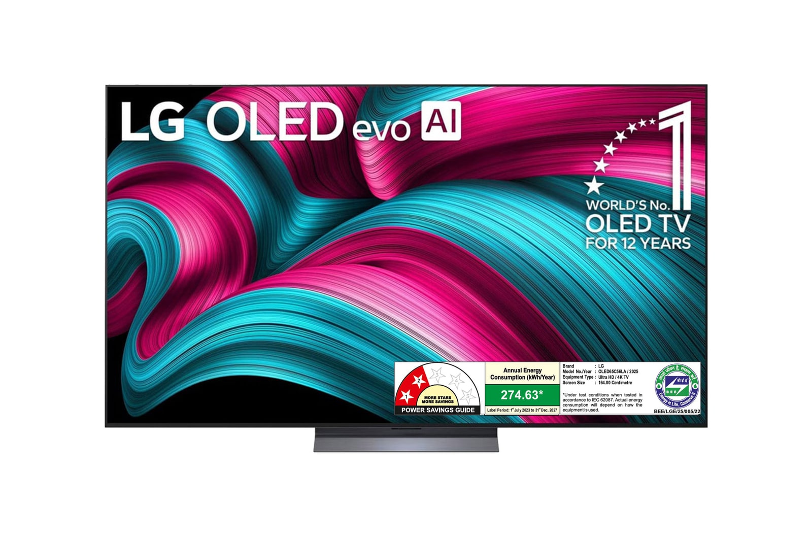 Front view of LG OLED evo 164cm (65) TV (C5), α9 AI Processor 4K Gen8, VRR 144Hz Refresh Rate, Dolby Vision & Atmos 2025 OLED65C56LA
