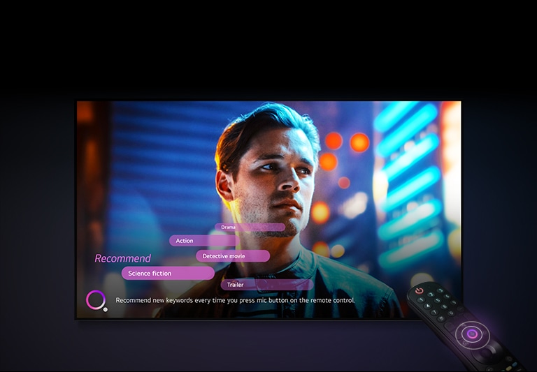  A man's face is displayed on the TV screen, and recommended keywords are displayed nearby.