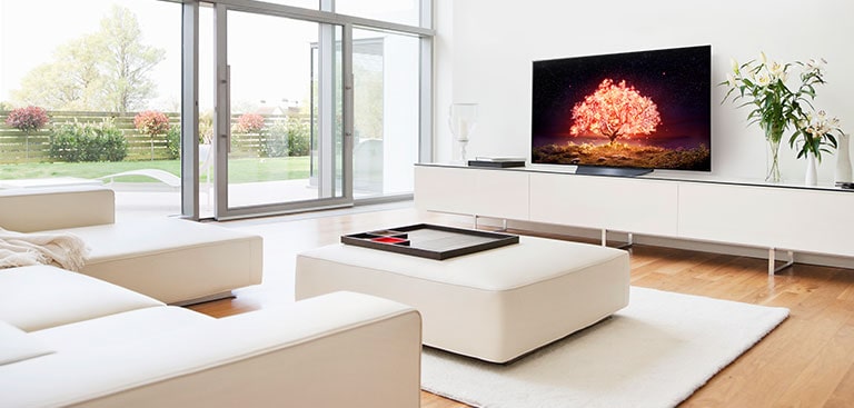 A TV showing a tree emitting red light in a white and simple house setting