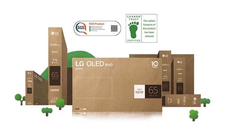 Eco-friendly LG OLED cardboard packaging depicted around thriving trees and mountains.