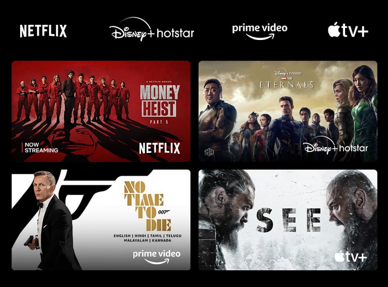 Image showing a variety of OTT services with their respective shows beside each logo.