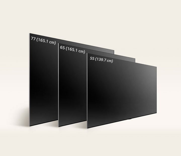 Comparing LG OLED TV, OLED B4's varying sizes, showing OLED B4 55 (139.7 cm), OLED B4 65 (165.1 cm), OLED B4 77 (195.58 cm).