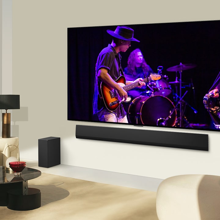 LG OLED TV and LG soundbar are matched together in a modern living space.