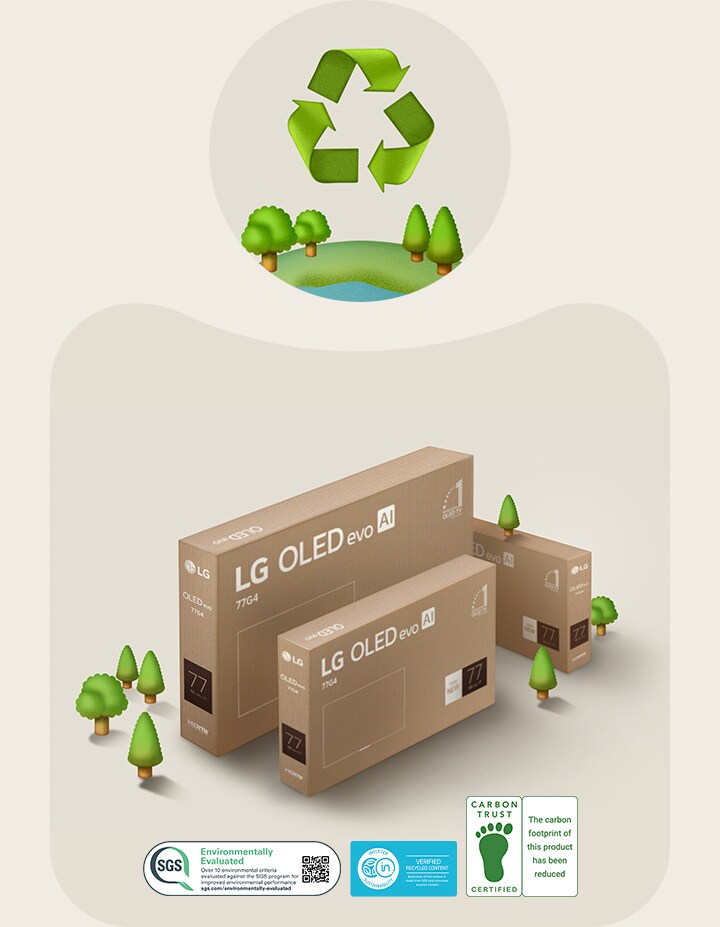 LG OLED packaging against a beige background with illustrated trees. 