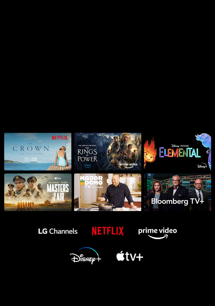 Six thumbnails of movies and TV shows are displayed and the logos of LG Channels, Netflix, Prime Video, Disney+, and Apple TV+ are below.