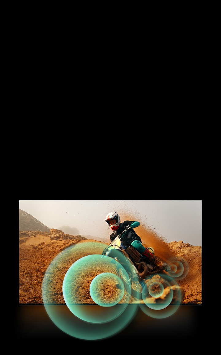 A man riding a motorbike on a dirt track with bright circle graphics around the motorbike.	