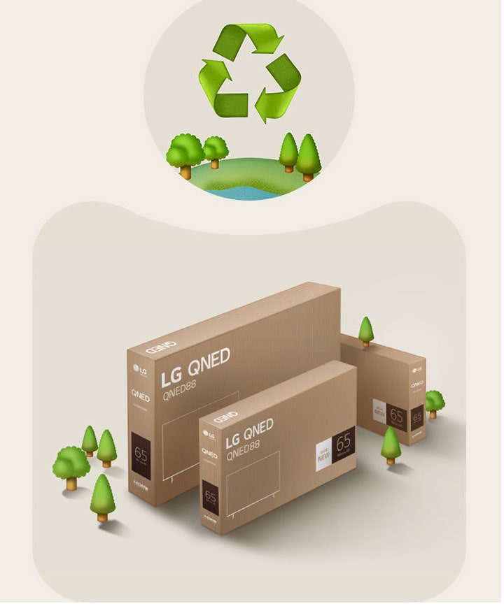 LG QNED packaging against a beige background with illustrated trees.	