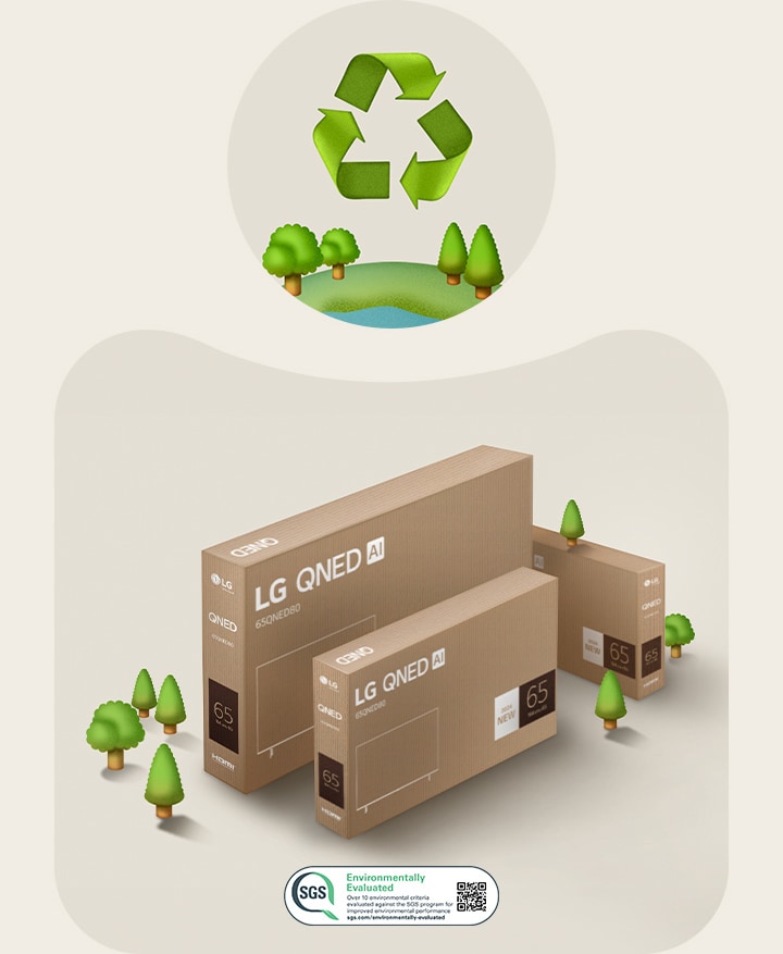 Embalaje LG QNED sobre un fondo beige con árboles ilustrados.