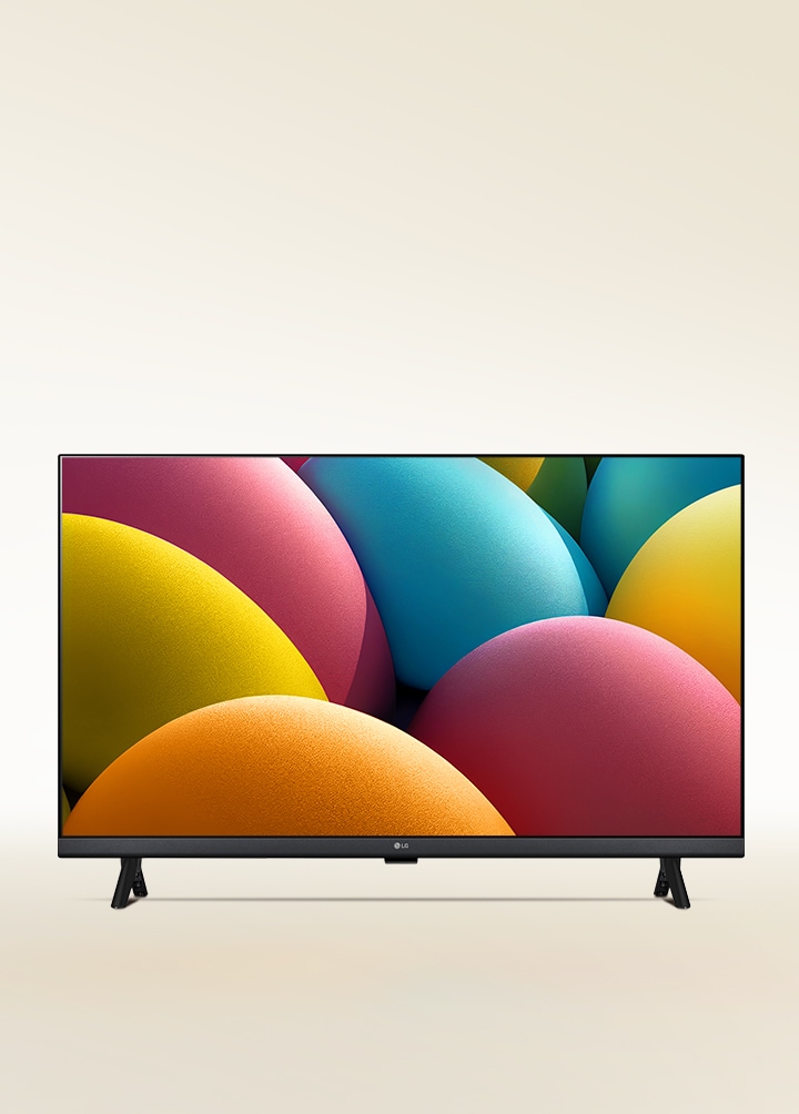 A pebble shape of orange, yellow, pink and blue-colored artwork on a LG HD TV.