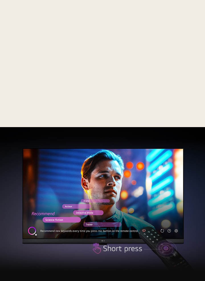 LG HD TV and remote control. The mic button on the remote control lit up, and voice search keyword recommendations appear on the screen.