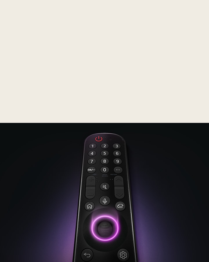 An LG Magic Remote with the middle circular button, as neon purple light emanates around the button to highlight them. A soft purple glow surrounds the remote on a black background.