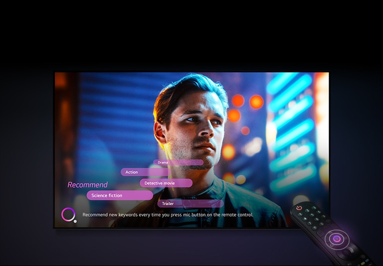 A man's face is displayed on the TV screen, and recommended keywords are displayed nearby.