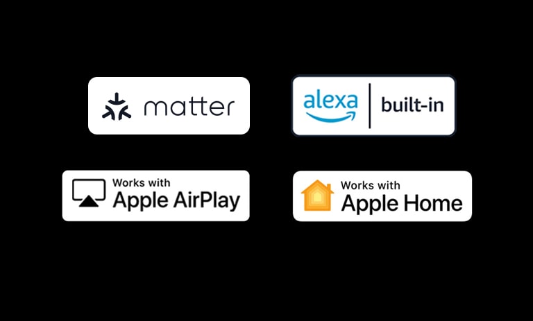 The logo of alexa built-in, The logo of works with Apple AirPlay, The logo of works with Apple Home, The logo of works with Matter.