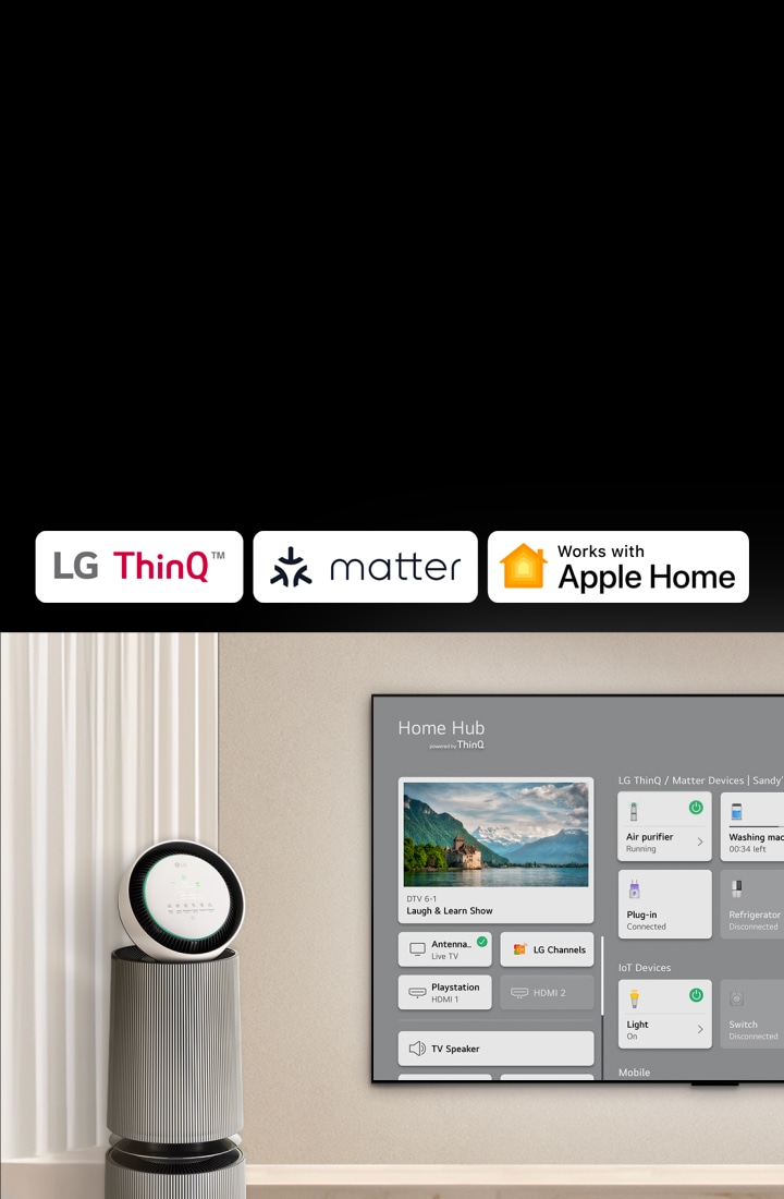 A logo of LG ThinQ™, matter, and Apple Home. An LG TV mounted on a wall and an LG PuriCare™ Objet Collection 360° on the left. The TV displays Home Hub and a cursor clicks "Air purifier" and the LG PuriCare™ Objet Collection 360° is activated.