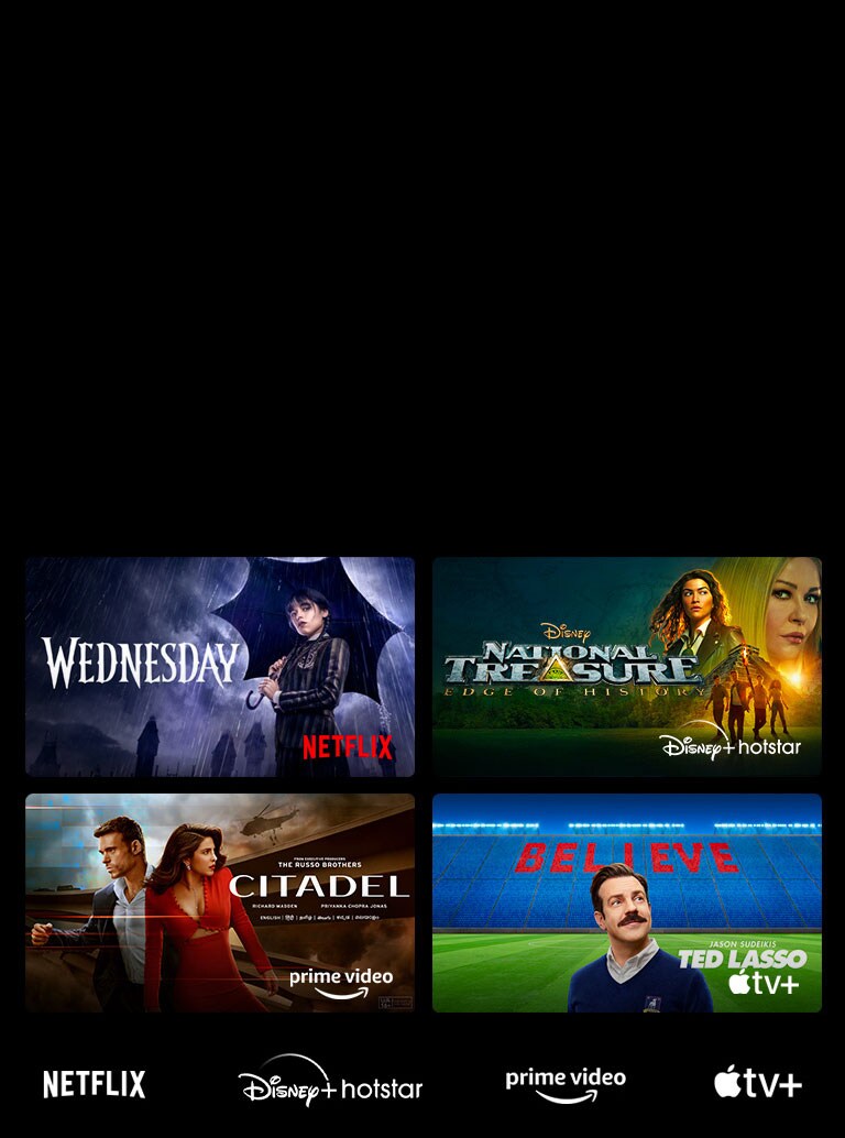 LG-65UR7550PSC-There are logos of streaming service platforms and matching footages right next to each logo. There are images of Paramount+'s Tulsa King,ky showtime's TOP GUN, and LG CHANNELS' leopard.