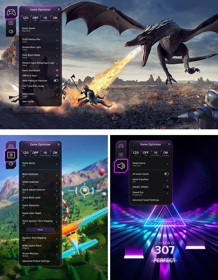 LG 42LX3QPSA Game, picture, and sound settings shown over the game in three different images.