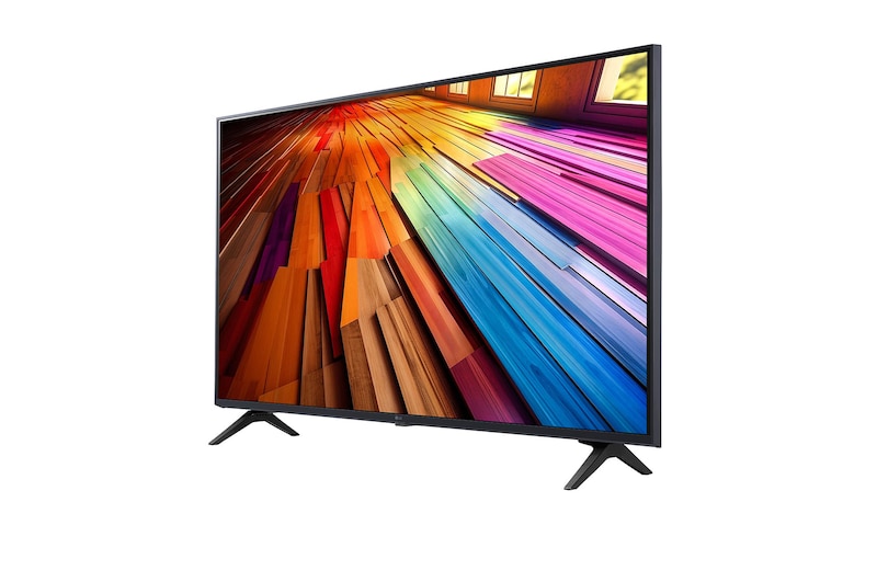 Slightly-angled left-facing side view of LG UHD TV, UT80