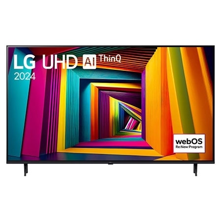 Front view of LG UHD TV, UT90 with text of LG UHD AI ThinQ, 2024, and webOS Re:New Program logo on screen