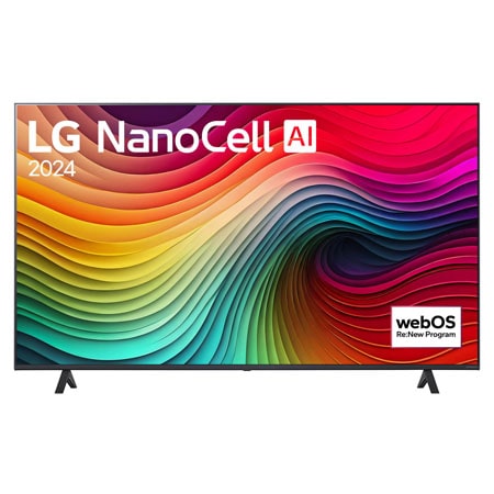 Front view of LG NanoCell TV, NANO80 with text of LG NanoCell, 2024, and webOS Re:New Program logo on screen