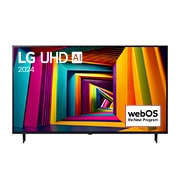 Front view of LG UHD TV, UT90 with text of LG UHD AI ThinQ, 2024, and webOS Re:New Program logo on screen