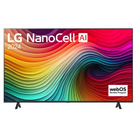 Front view of LG NanoCell TV, NANO80 with text of LG NanoCell, 2024, and webOS Re:New Program logo on screen