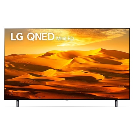 LG 65QNED90SQAA front view of the LG QNED TV with infill image and product logo on