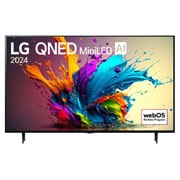 Front view of LG QNED TV, QNED90 with text of LG QNED MiniLED, 2024, and webOS Re:New Program logo on screen