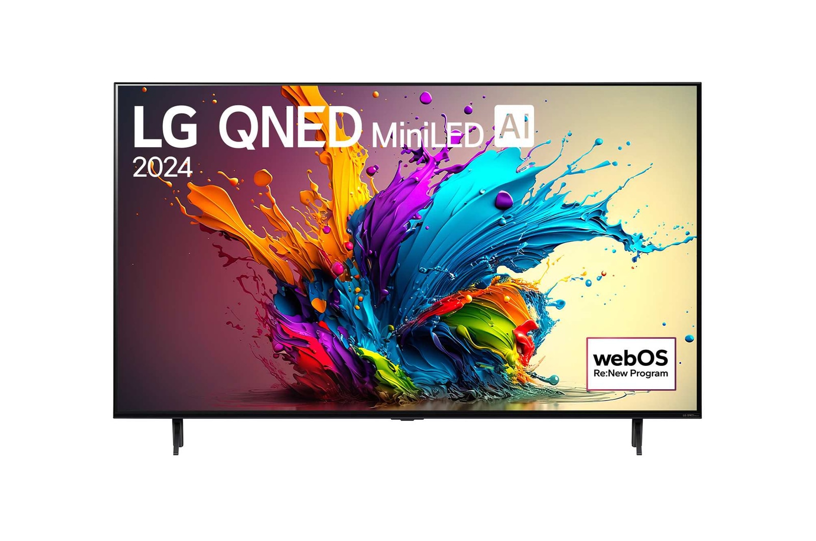 Front view of LG QNED TV, QNED90 with text of LG QNED MiniLED, 2024, and webOS Re:New Program logo on screen