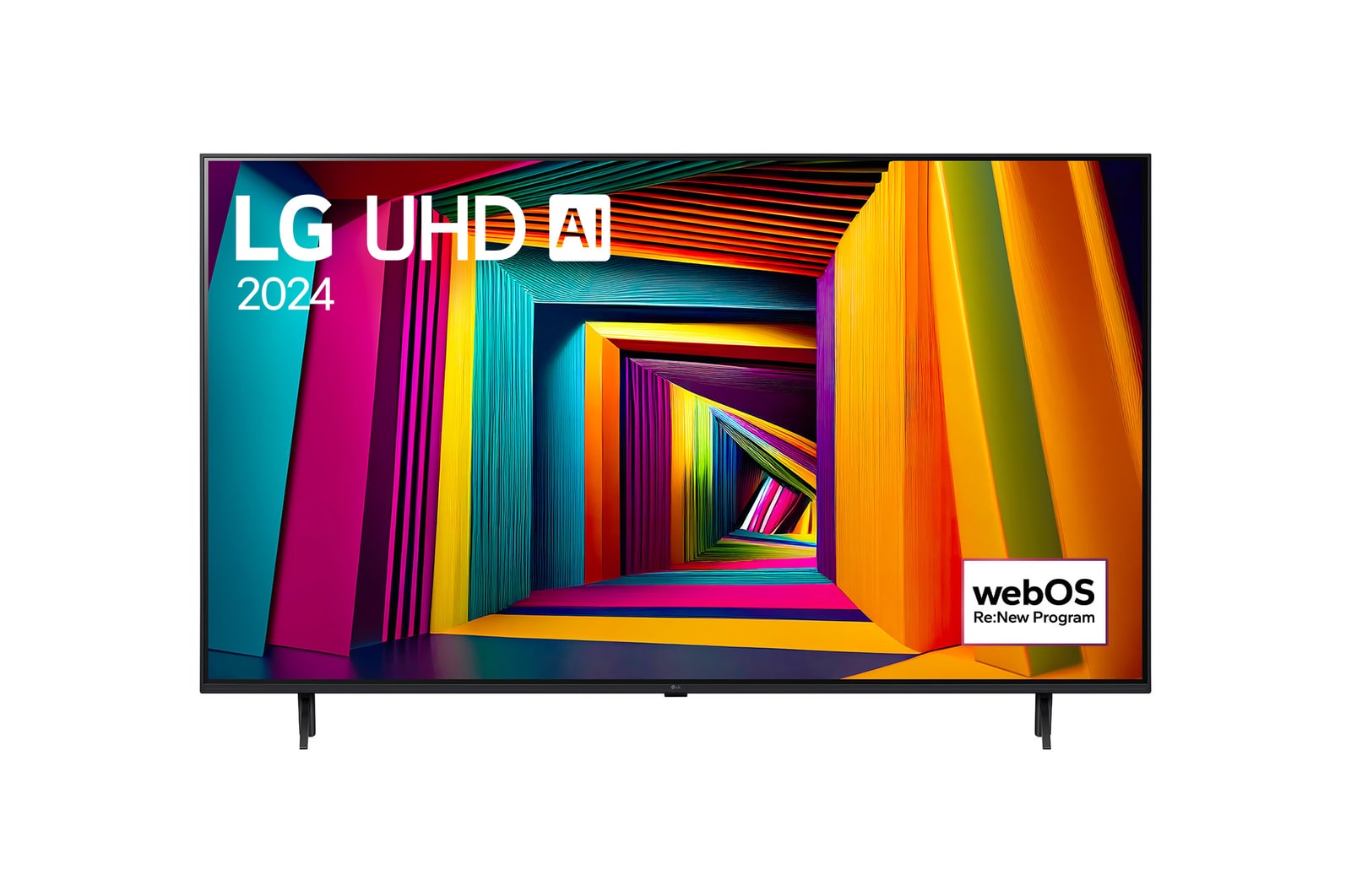 Front view of LG UHD TV, UT90 with text of LG UHD AI ThinQ, 2024, and webOS Re:New Program logo on screen