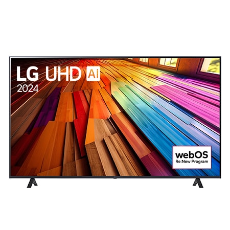 Front view of LG UHD TV, UT80 with text of LG UHD AI ThinQ, 2024, and webOS Re:New Program logo on screen