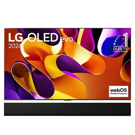 Front view with LG OLED evo G4 TV OLED65G46LA, 11 Years of world number 1 OLED Emblem and webOS Re:New Program logo on screen