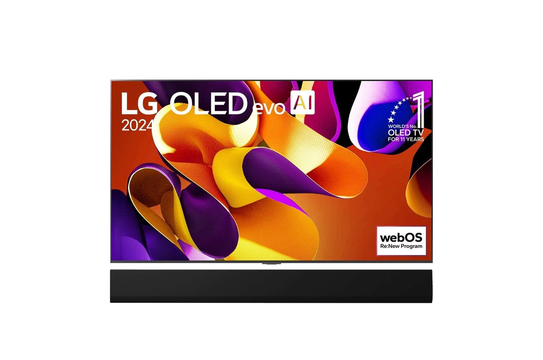 Front view with LG OLED evo TV, OLED G4, 11 Years of world number 1 OLED Emblem and webOS Re:New Program logo on screen