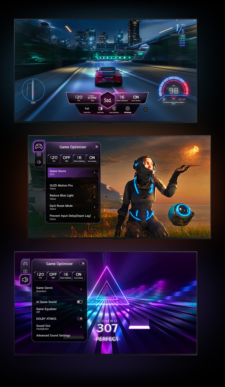 LG OLED65G3XSA Three game screens are shown against a black gradient background. One shows a car racing game with the Game Dashboard hovering over the action. Another shows a Sci-Fi game with the Game Optimizer menu. And the last screen shows Game Optimizer's Game Tab over a music game.