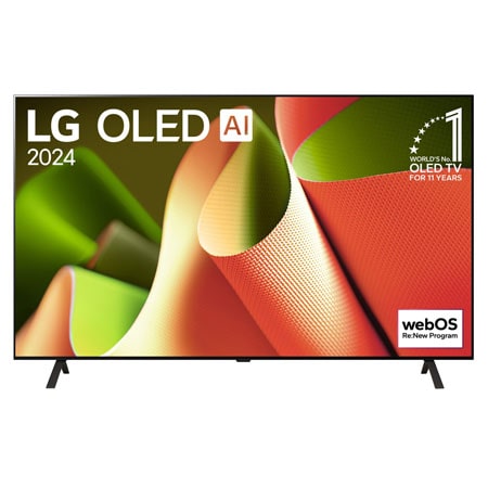 Front view with LG OLED TV, OLED77B46LA, 11 Years of world number 1 OLED Emblem and webOS Re:New Program logo on screen with 2-pole stand