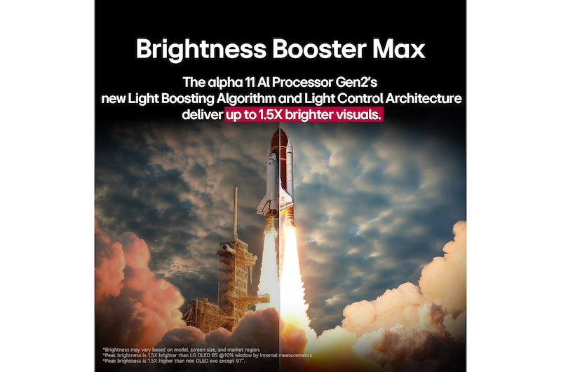 A space shuttle launching from the ground. The scene is split in the middle with one half slightly darker and duller. The other half shows how the rocket blast is remarkably bright, demonstrating how bright visuals can be on an LG OLED TV screen with the light emitting structure and lighting control architecture of Brightness Booster Ultimate.