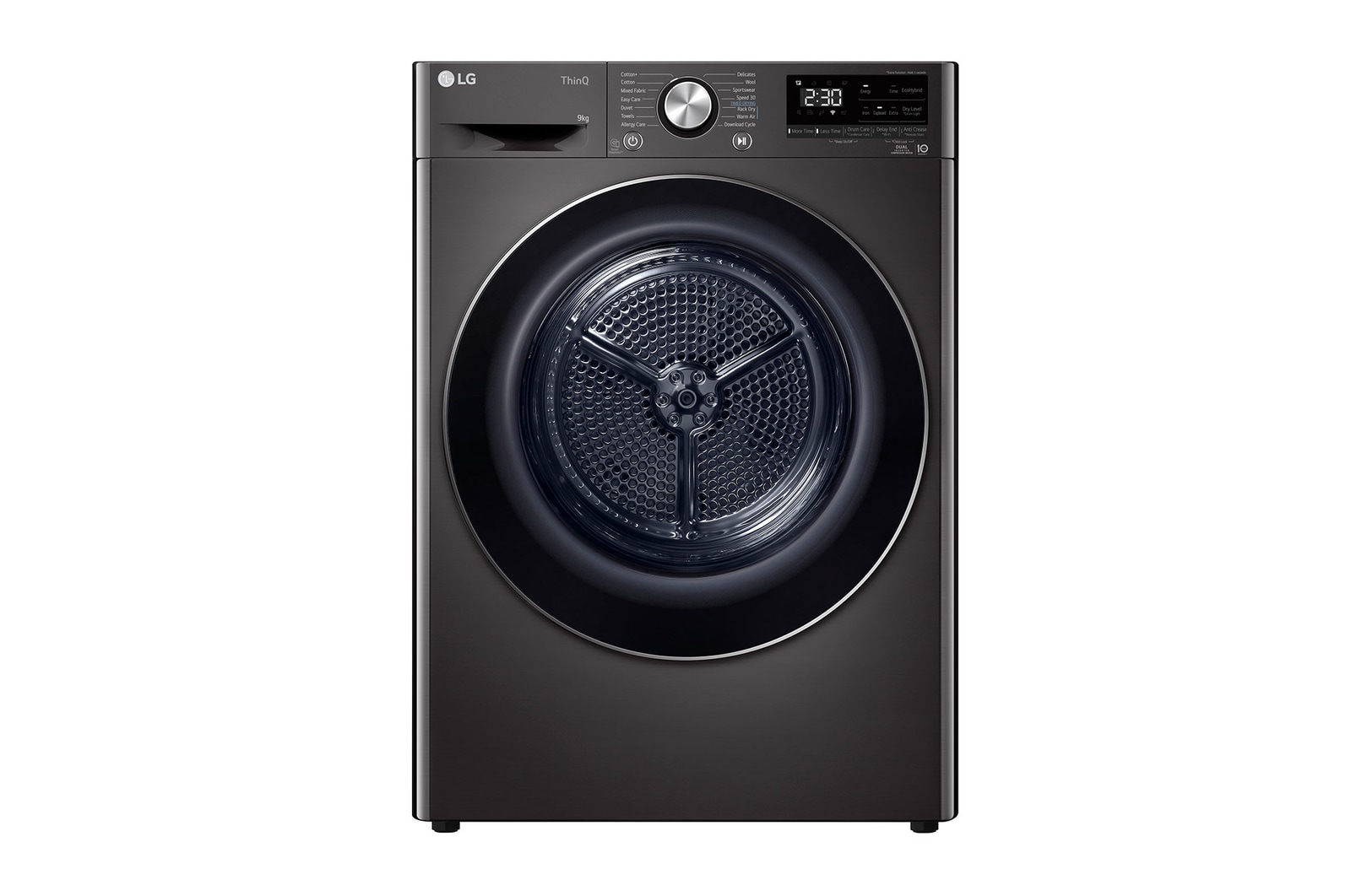 Front view of LG 9 kg Dryer with Dual Inverter Heat Pump™, EcoHybrid Technology, Black Steel DHV09SAB