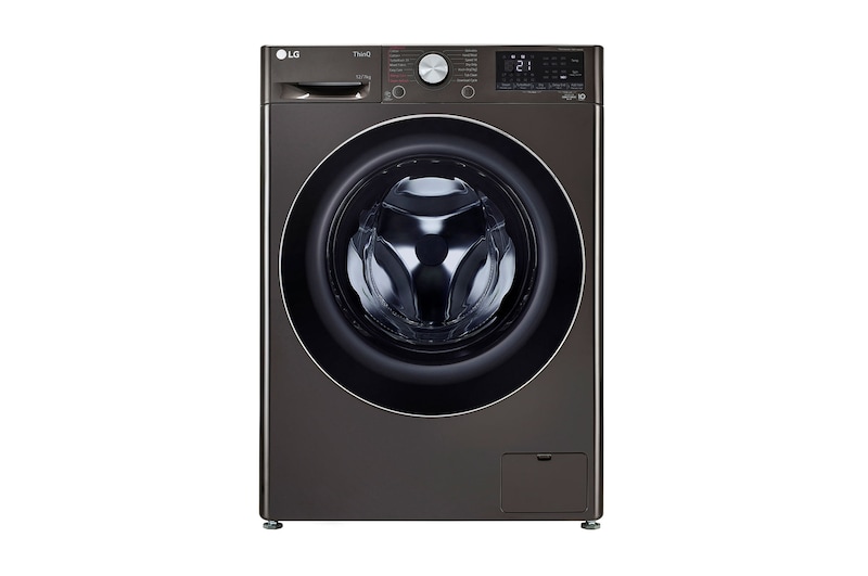 Front view of LG 12 kg (Wash) / 7 kg (Dry) Washer Dryer with AI Direct Drive™, Steam+, Platinum Black FHD1207STB