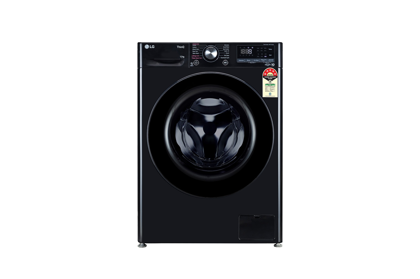 Front view of LG 12Kg Front Load Washing Machine, AI Direct Drive™, Onyx Black, 5 Star FHP1412Z5O