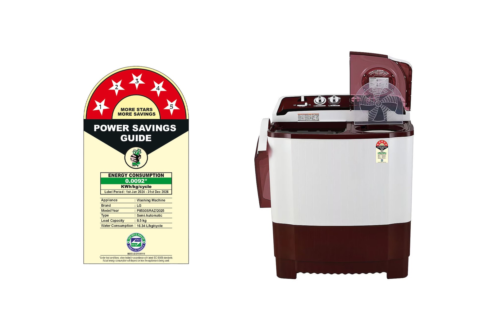 LG 8.5Kg Semi Automatic Washing Machine, Roller Jet Pulsator + Soak, Burgundy, 5 Star, P8530SRAZ