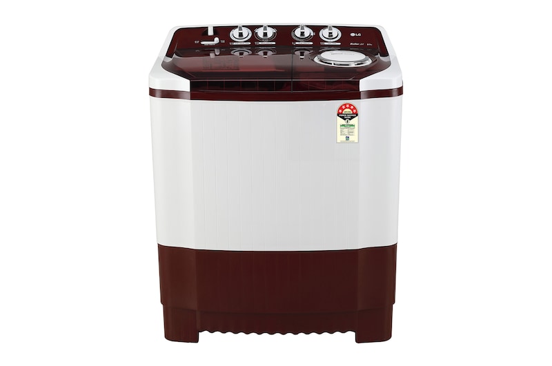 Front view of LG 8 kg Semi Automatic Washing Machine with Roller Jet Pulsator, Wind Jet Dry, Burgundy, 5 Star P8035SRAZA