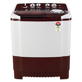 Front view of LG 8 kg Semi Automatic Washing Machine with Roller Jet Pulsator, Wind Jet Dry, Burgundy, 5 Star P8035SRAZA