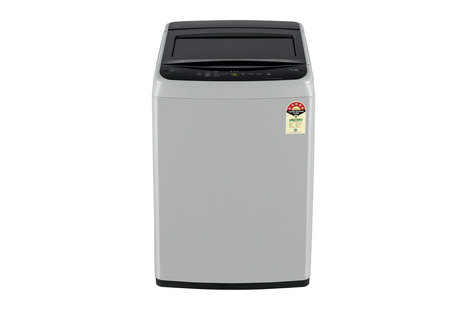 Front view of LG 7Kg Top Load Washing Machine, Smart Inverter Motor, Middle Free Silver, 5 Star T70VBSF1Z