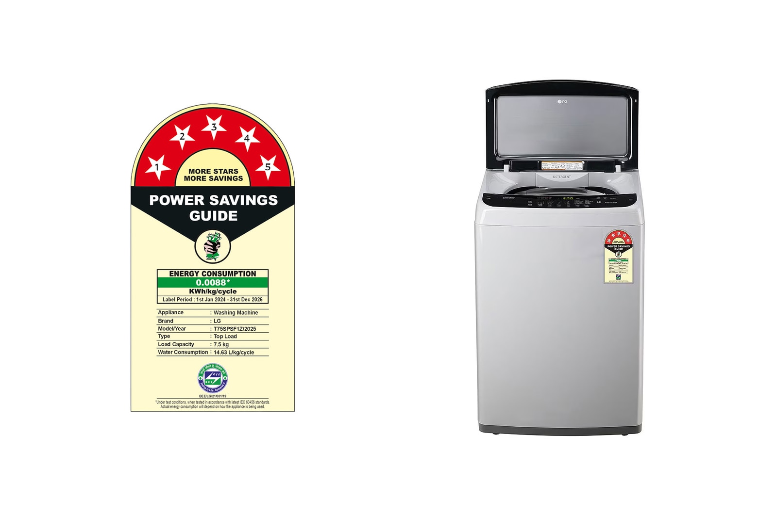 LG 7.5Kg Top Load Washing Machine, Smart Inverter Motor, Middle Free Silver , T75SPSF1Z